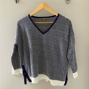Lilla P Navy and White Striped V-Neck Sweater